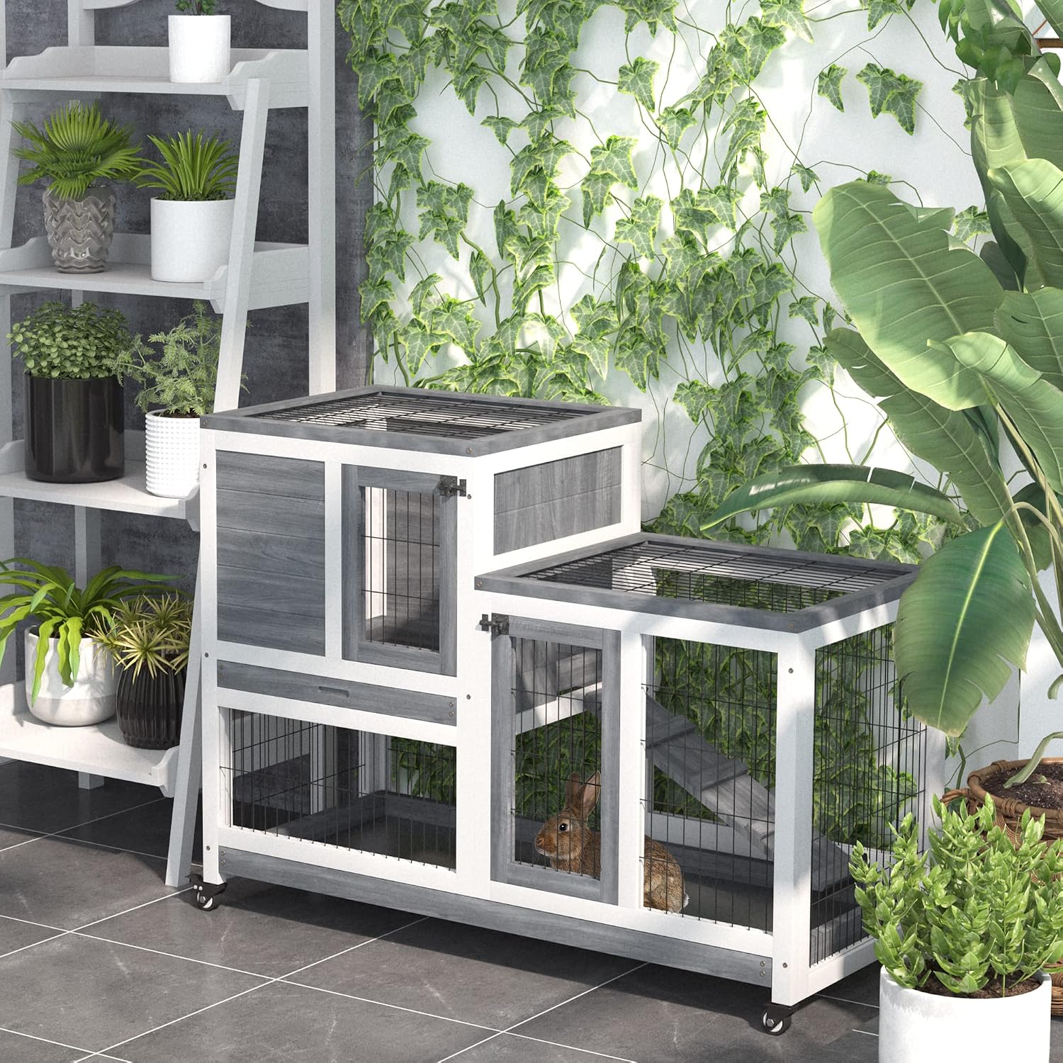 Wooden Rabbit Hutch Elevated Bunny Cage Indoor Small Animal Habitat with Enclosed Run with Wheels, Ramp, Removable