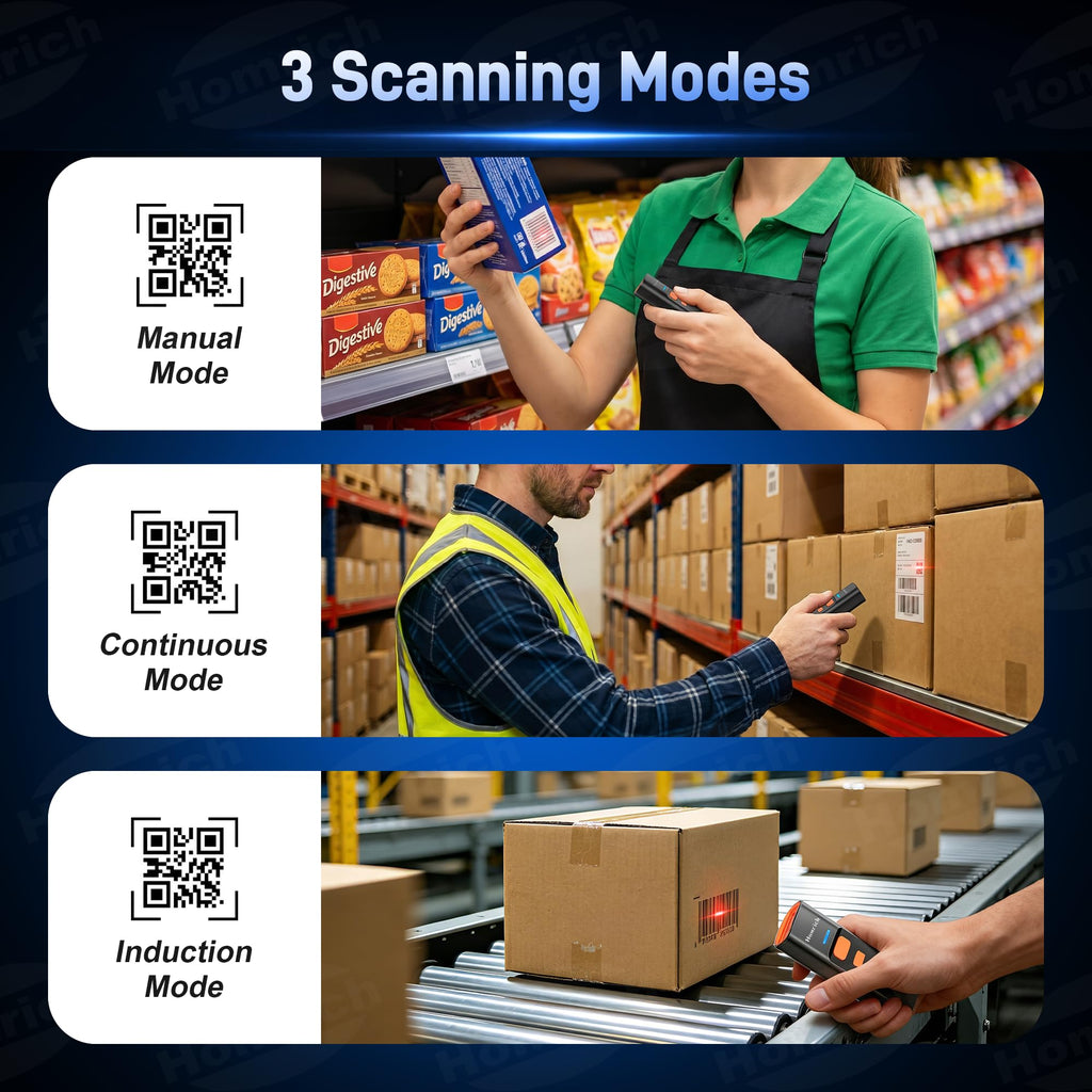 3-in-1 Bluetooth & 2.4G & USB Wire Mini Barcode Scanner with Charging Dock