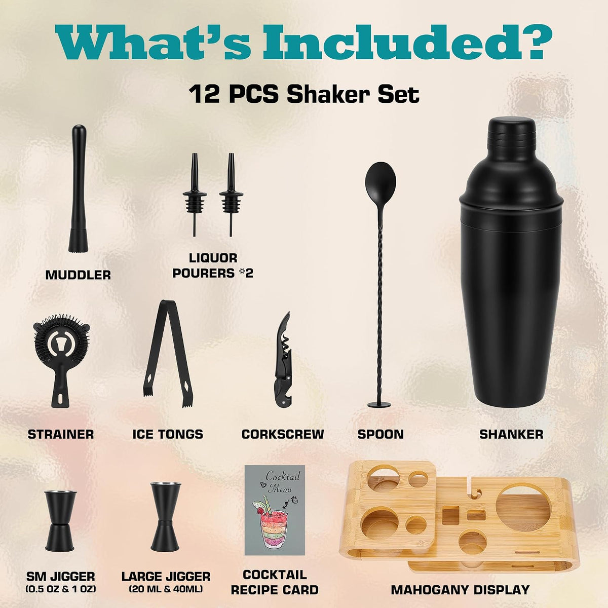 Cocktail Shaker Set - 12-Piece Complete Bartender Kit for Home Bar and Cocktail Making - Includes Cocktail Shaker