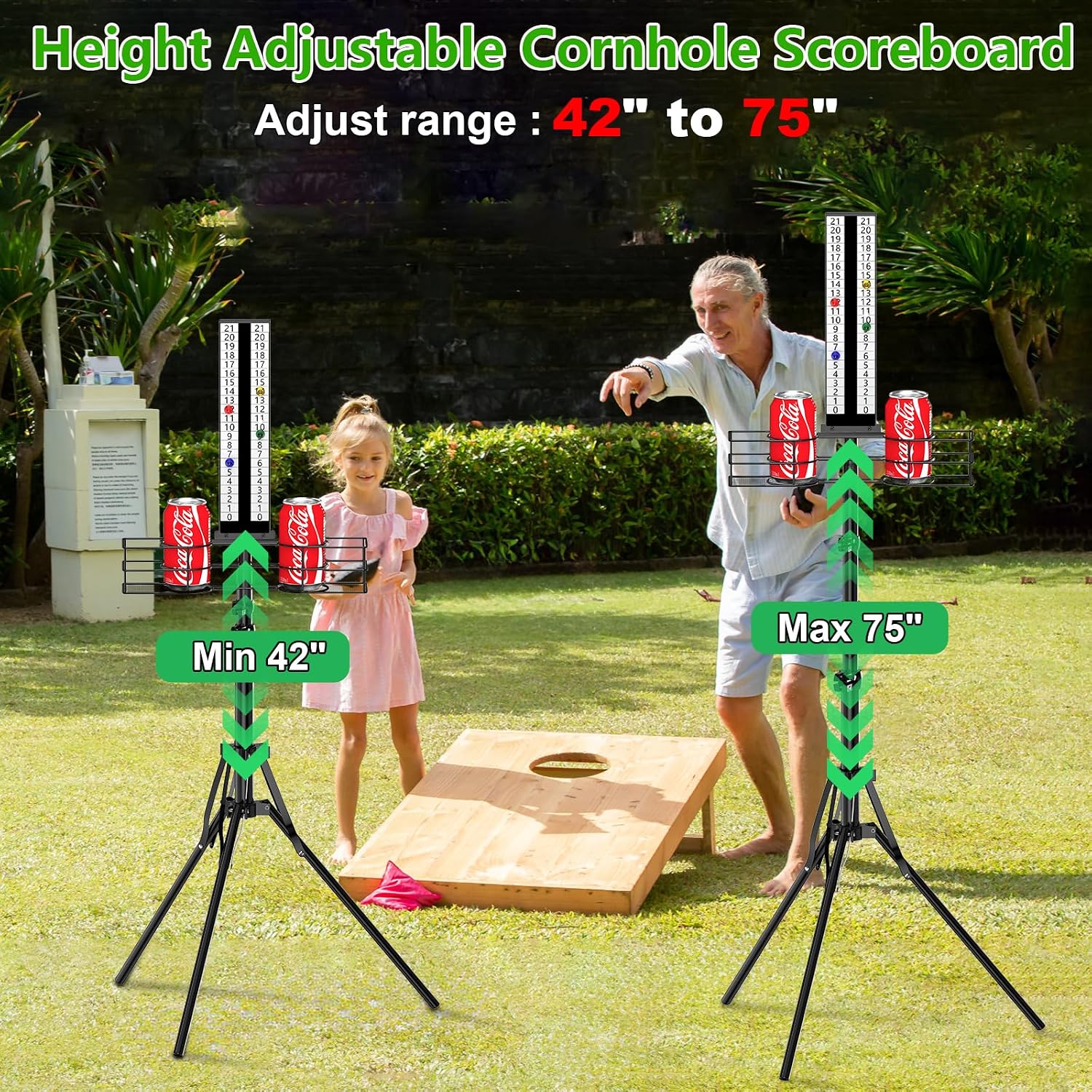 Cornhole Scoreboard with Drink Holder, Height Adjustable Foldable Cornhole Score Keeper with Storage Rack Includes 4