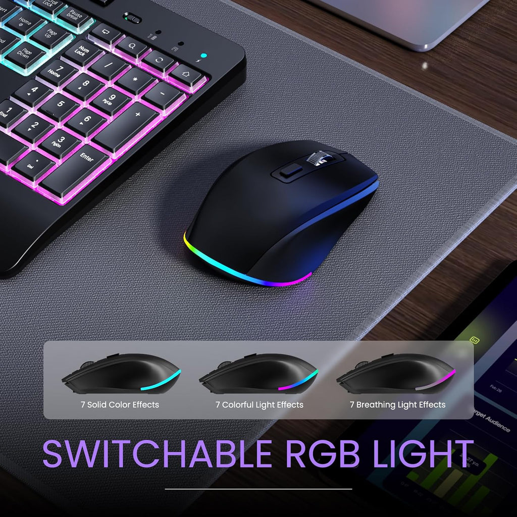 Wireless Keyboard and Mouse Combo- VEILZOR 2.4G Rechargeable Keyboard with Phone Holder, Ergonomic Wrist Rest, 9 RGB