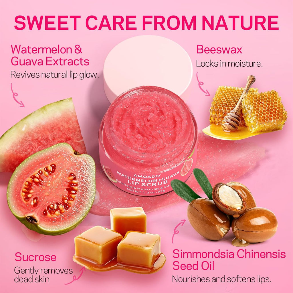 AMOADO Sugar Lip Scrub for Dark Lips – Exfoliating Lip Scrub for Smooth & Soft Lips with Watermelon & Guava, Lip