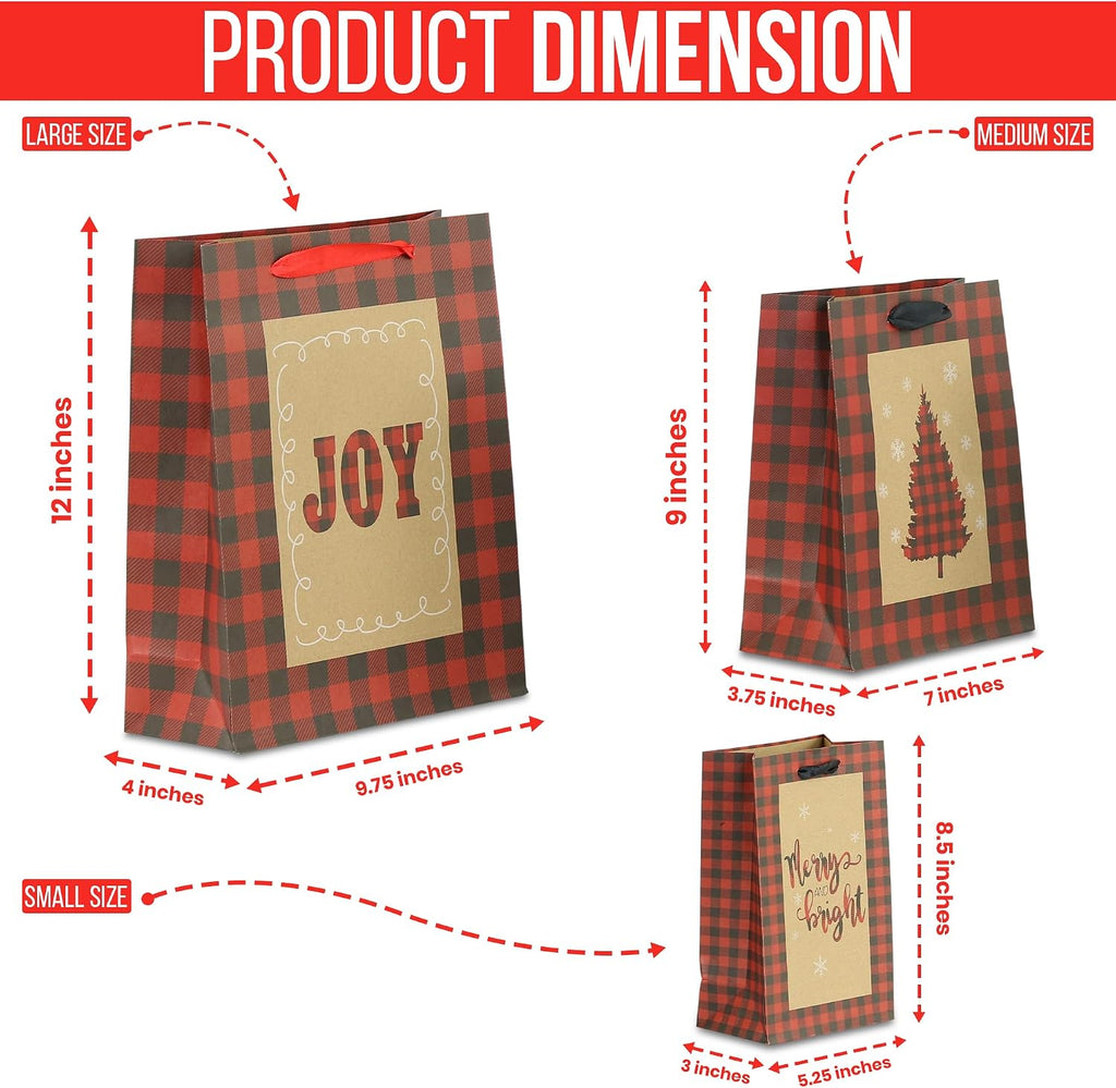 24-Pack Rustic Kraft Buffalo Plaid Christmas Gift Bags 3 Sizes: