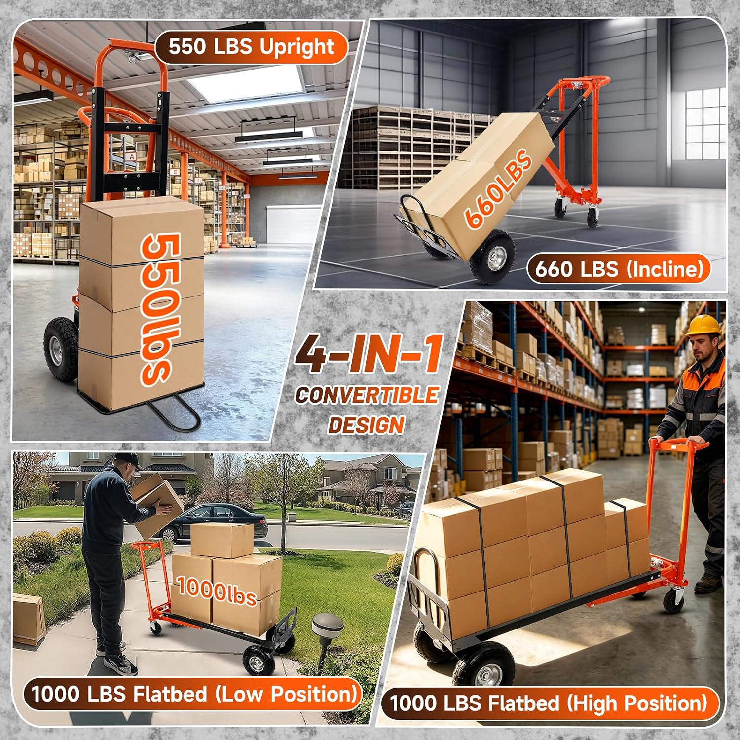 4in1 Heavy Duty Convertible Hand Truck, Alloy Steel Dolly Cart with Wheels | Foldable Hand Truck, 1000 Lbs Capacity