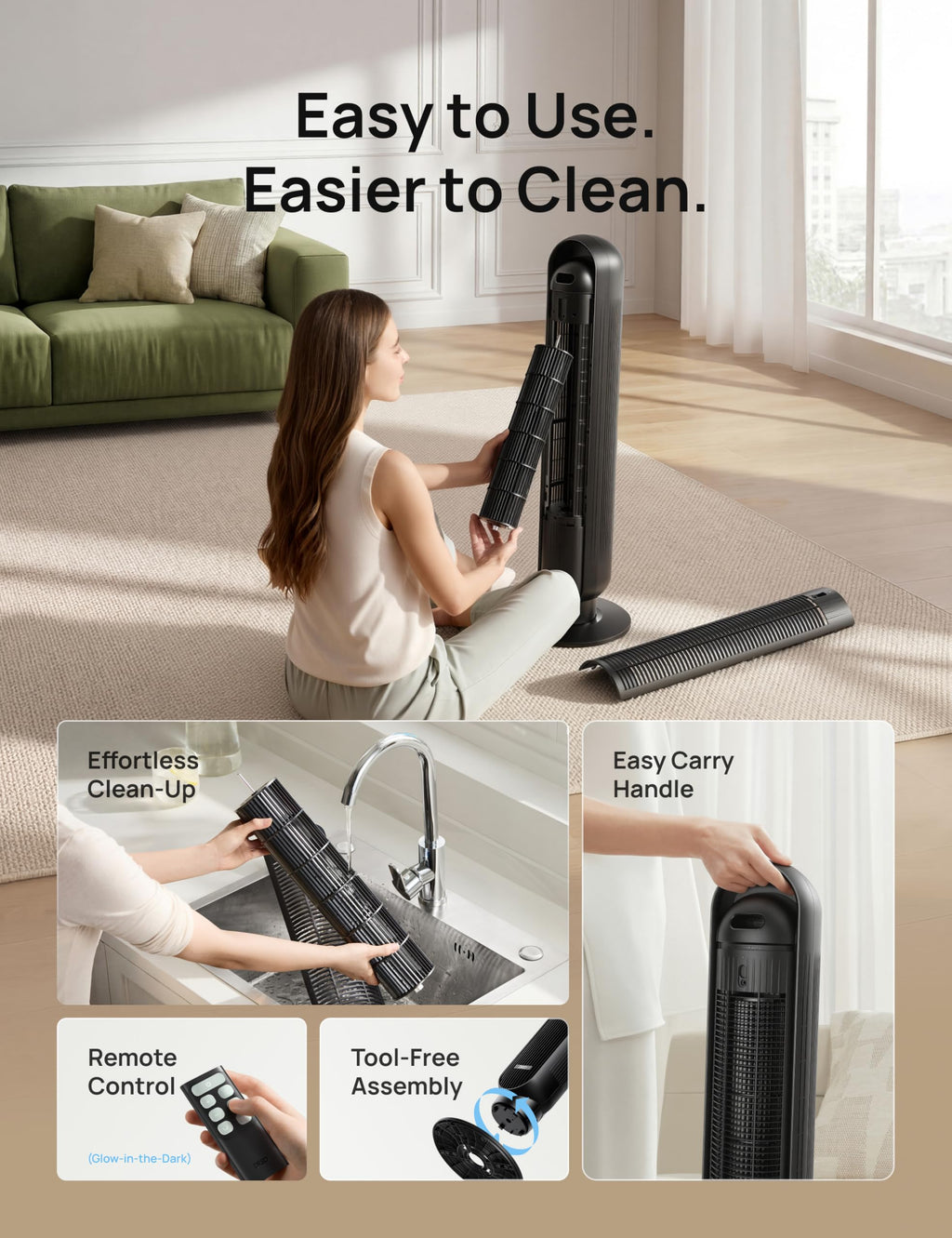Tower Fan for Bedroom, 28ft/s Velocity, Ultra Quiet Fan, 8 Speeds