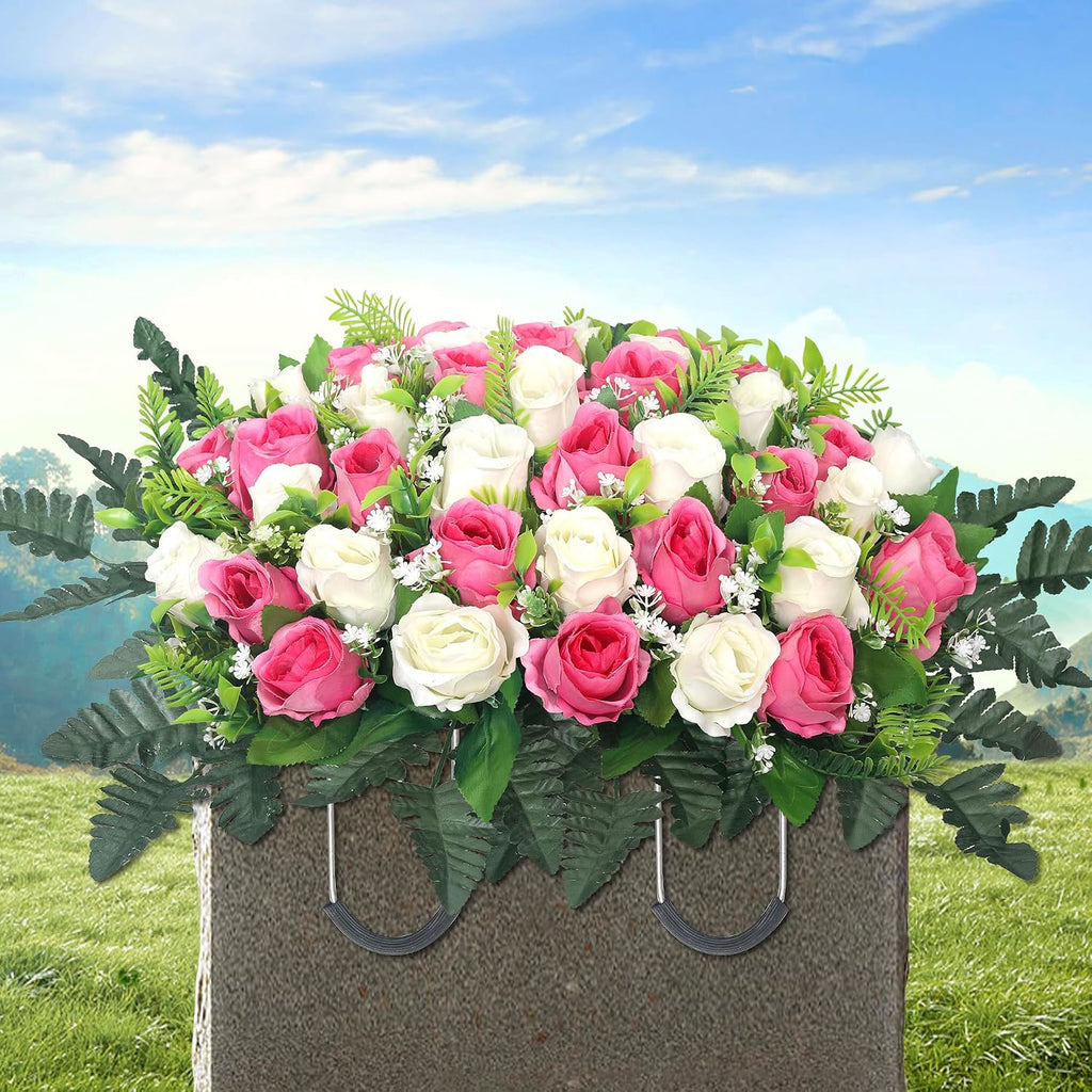 Artificial Cemetery Flowers for Grave,Headstone Flowers Saddle Outdoor Grave Saddle Memorial Silk Roses Flowers for
