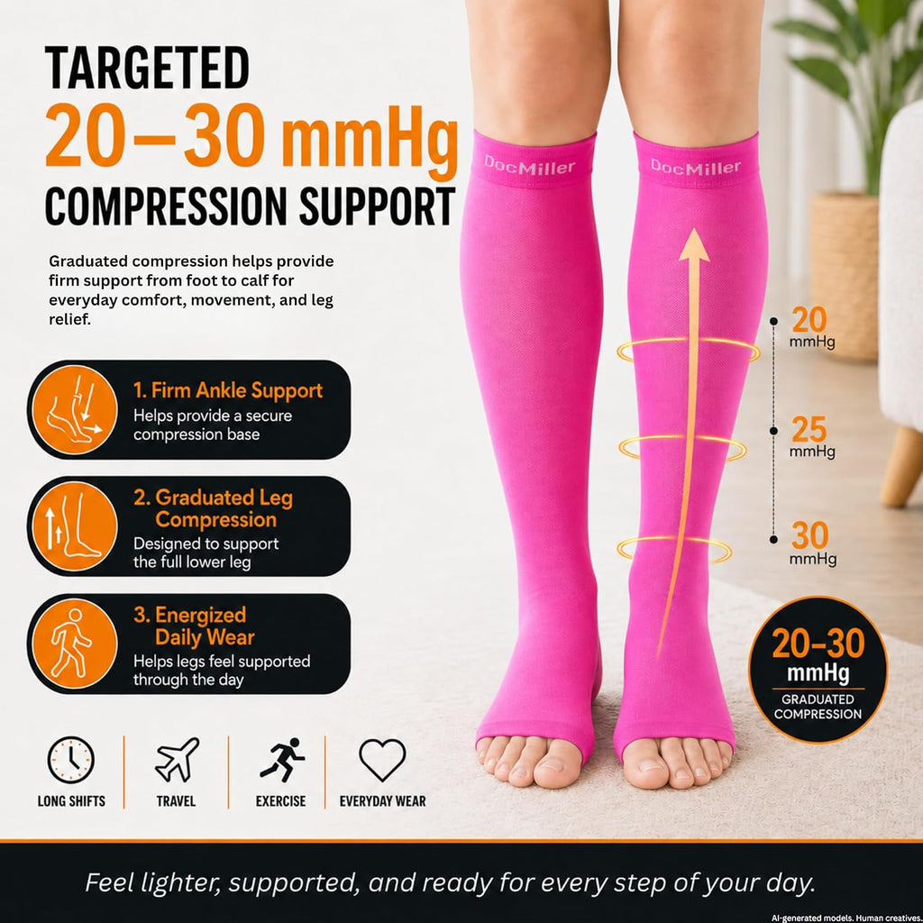 Open Toe Compression Socks, 20-30 mmHg, Toeless Compression Sleeves for Legs, Knee High Stockings for Shin Splints