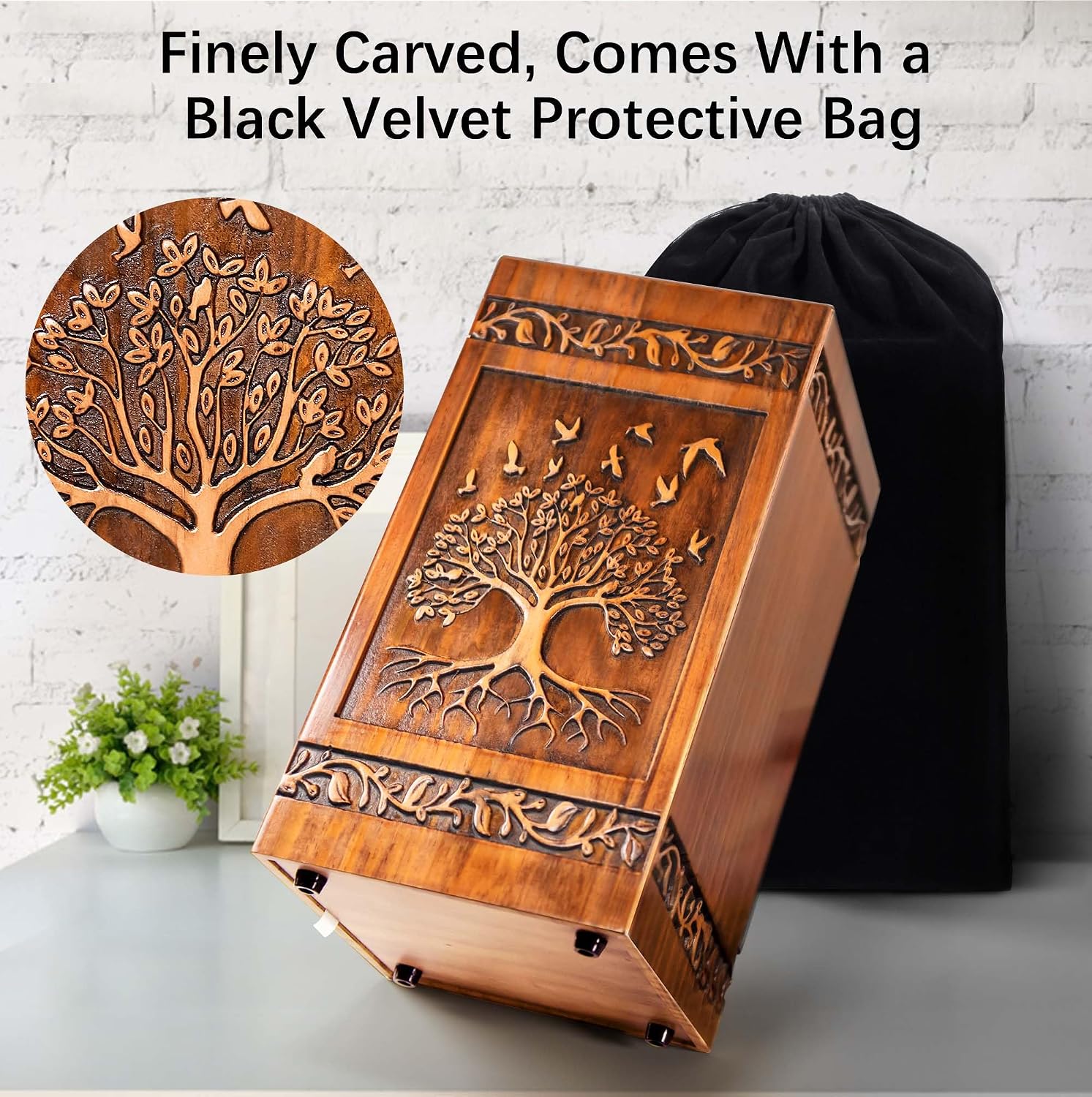 Wooden Cremation Urn for Human Ashes Adult Male Female 250 lbs, Engraved Tree of Life Decorative Funeral Urns Box and