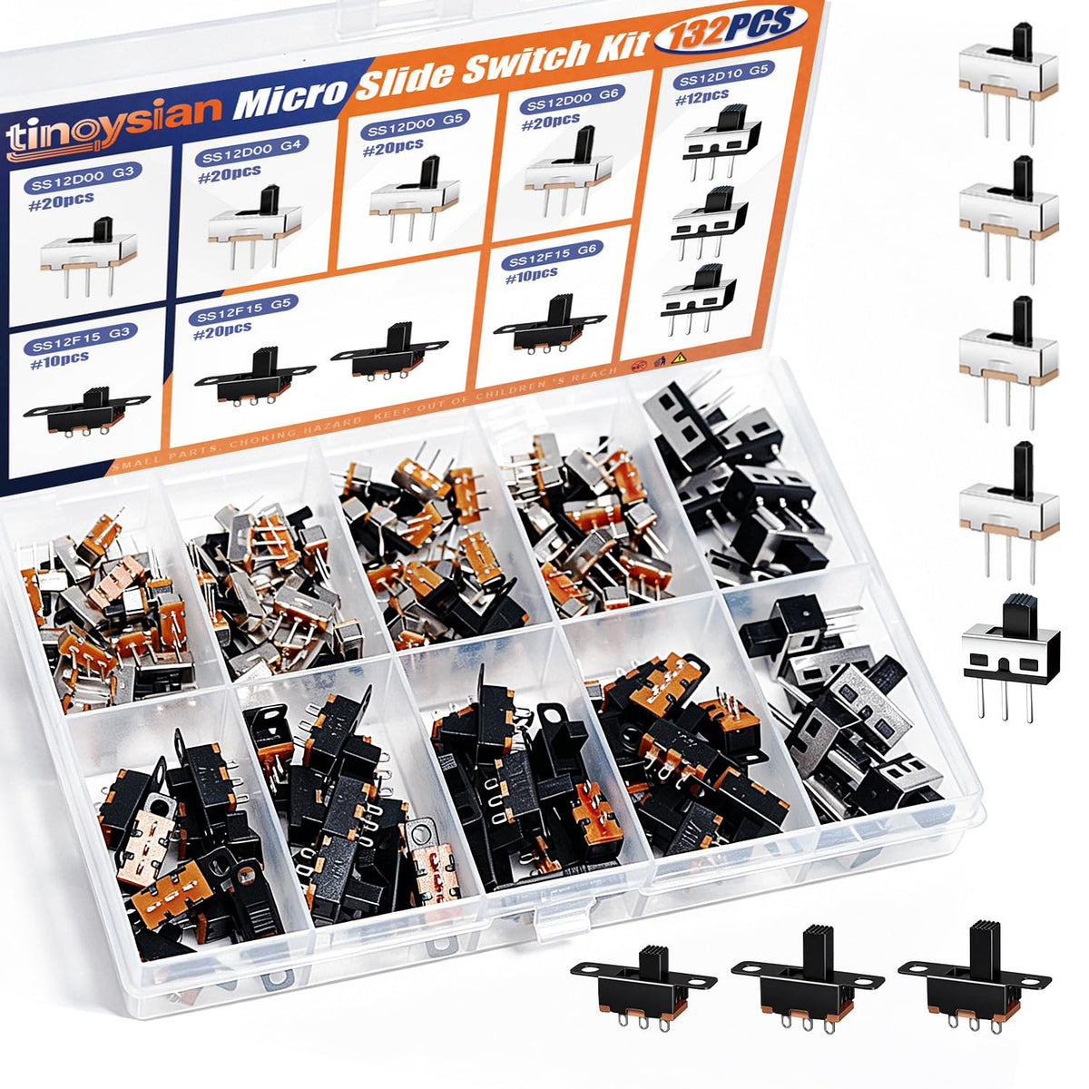 132PCS 8Values Micro Slide Switch Kit Spdt 1p2t Small Toggle Switch Mini Vertical Panel Mount ON Off Assortment 2 Position 3 Pin SS12D00 SS12F15 SS12D10