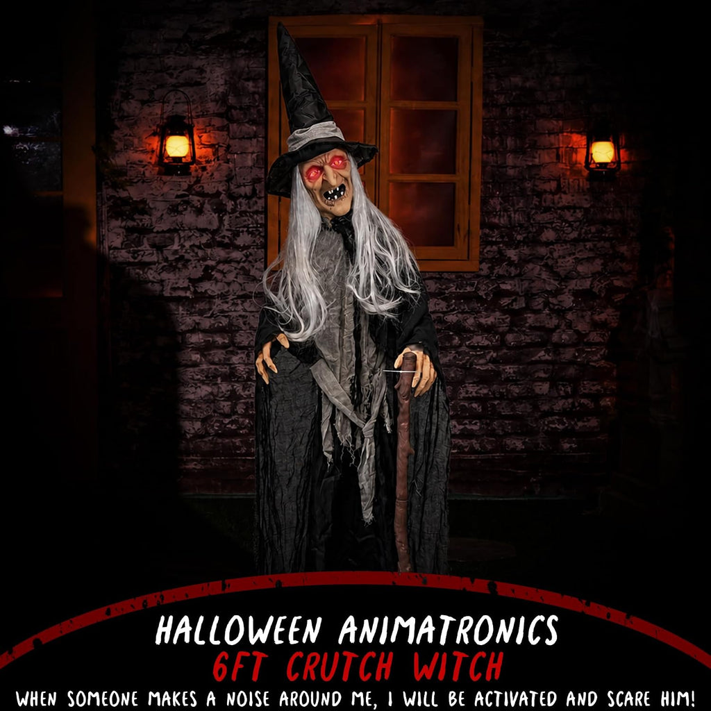Halloween Animatronics Decorations, 6ft Witch Animated Talking Witch with Sound Activated, Creepy Voice, Spooky