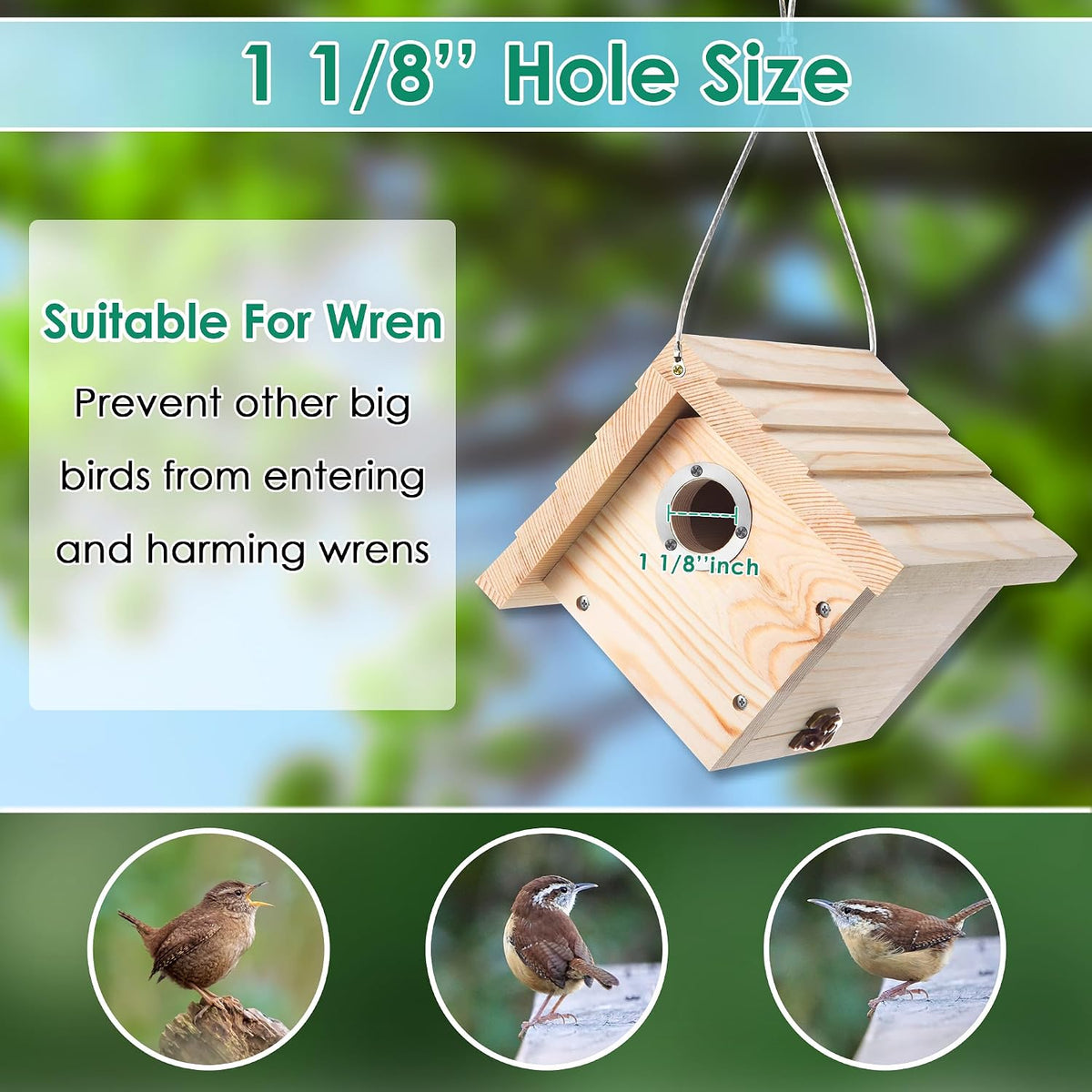 2 Pack Wren House, 1-1/8'' Entrance Hole Hanging Wooden Wren Bird Houses for Outside with Metal Guard, Air Vents