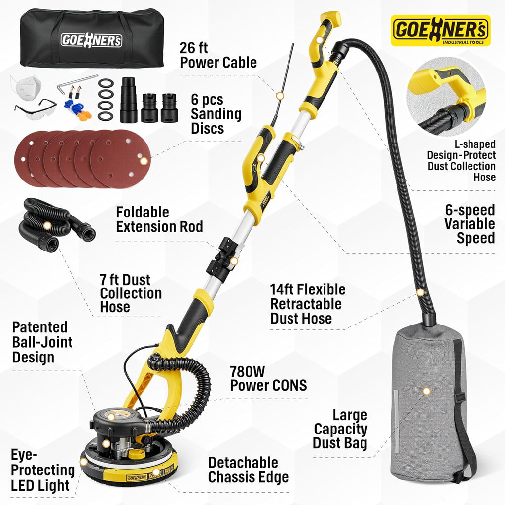Drywall Sander with Vacuum Dust Collection, 99% Dust-Free Electric Pole Sander for Drywall, 6A 780W 7 Variable Speed