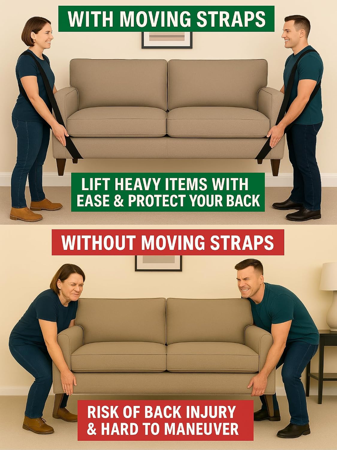 Moving Straps, 2-Person Lifting and Moving System – Adjustable Shoulder Dolly for Moving Furniture, Appliances, and