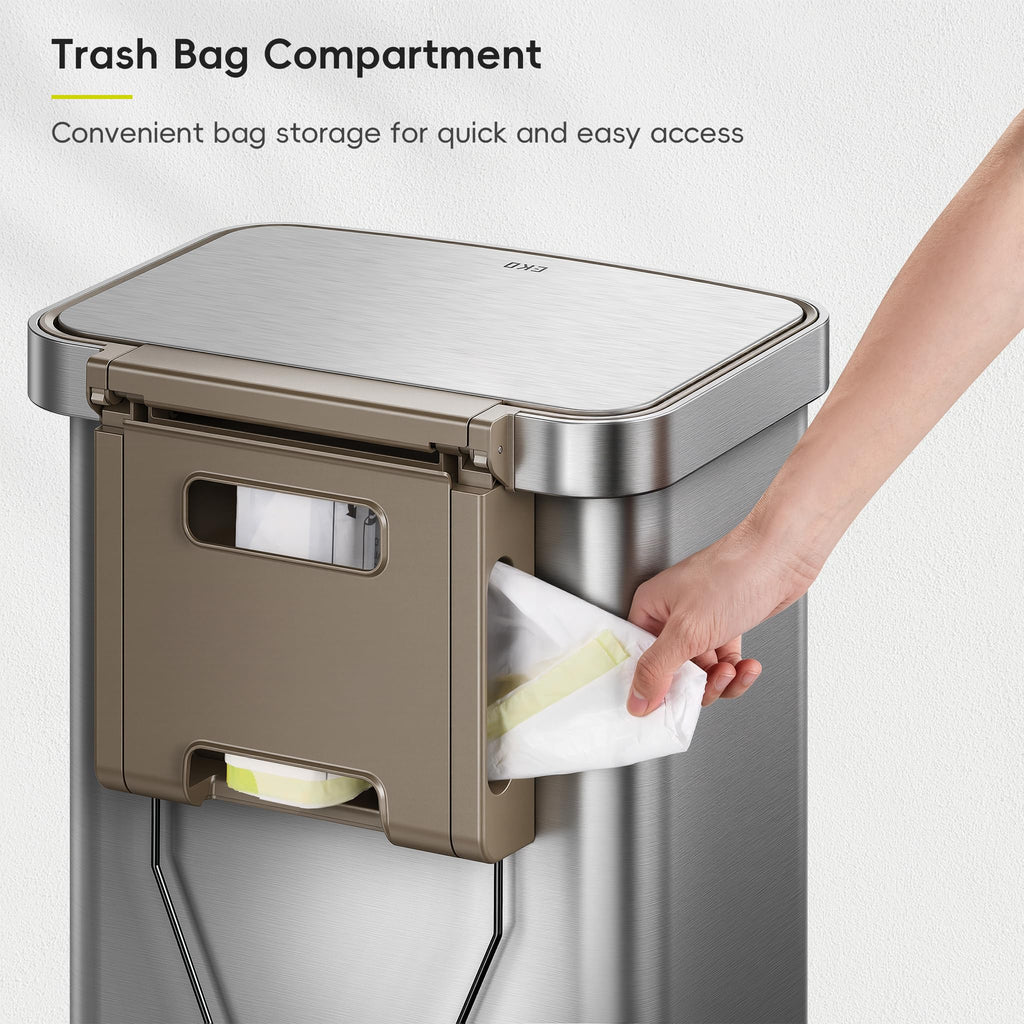 Hudson Matte Stainless 50 Liter/13.2 Gallon Step Trash Can with Rear Trash Bag Storage Compartment