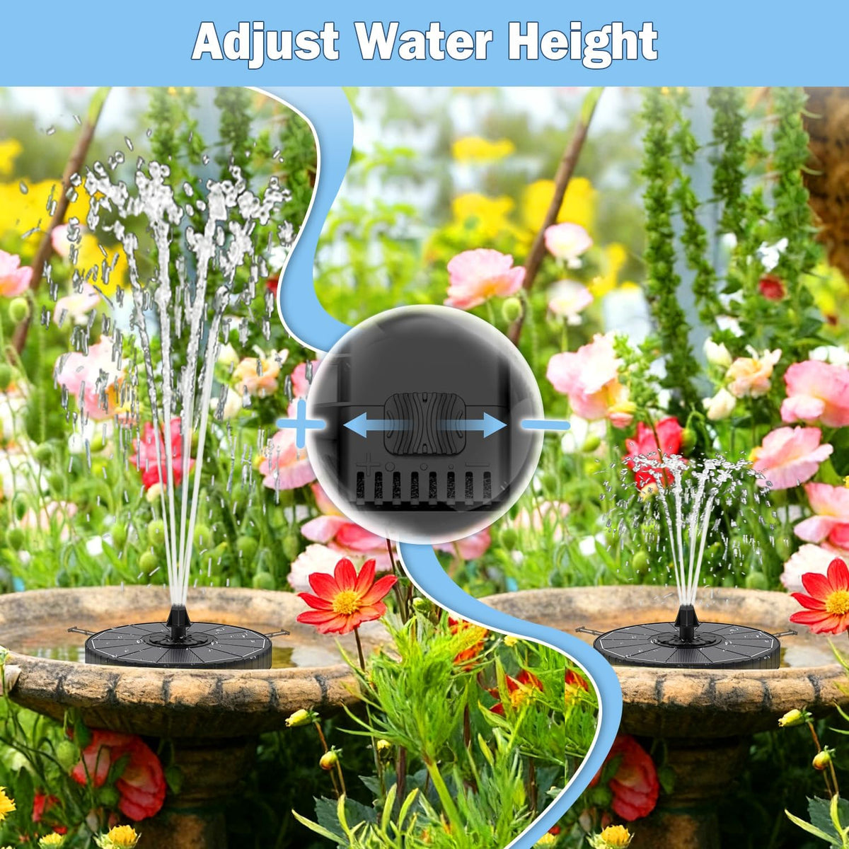 Solar Fountain with 2000mah Battery, 3-Level Adjustable Water Height, Rotating Rods, Works in Shadow, 7 Nozzles, 2026