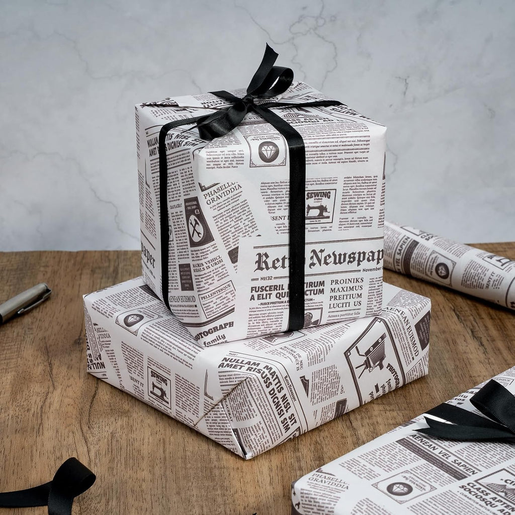 Kraft Retro Newspaper Wrapping Paper Roll - Mini Roll - 17 Inch x 16.5 Feet - Vintage Black and White Newspaper