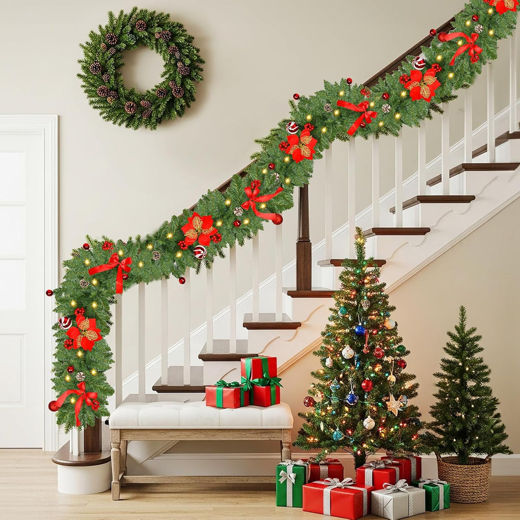 Christmas Garland with Lights, 9FT 30 LED Prelit Christmas Garland with Pinecones, Flowers, Bows, Outdoor Indoor