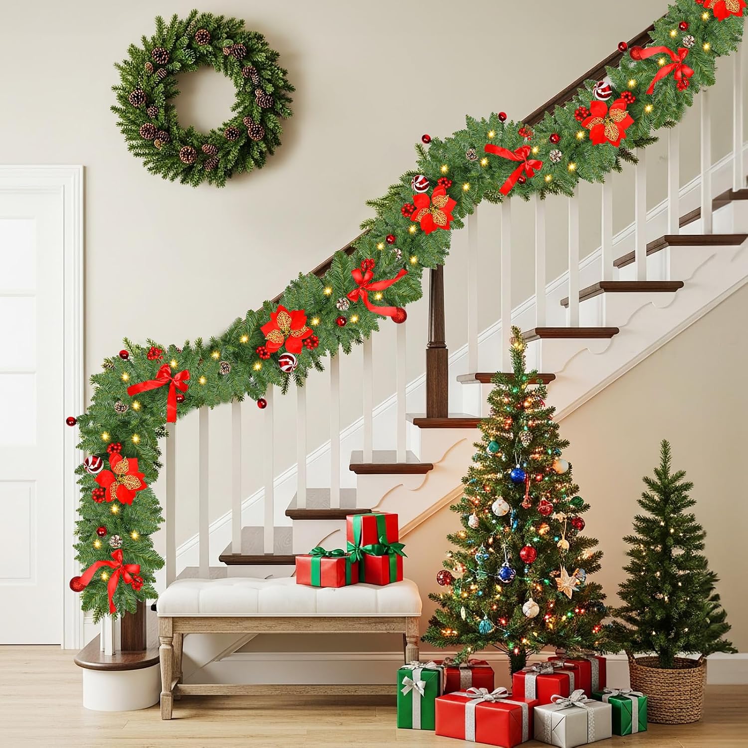 Christmas Garland with Lights, 9FT 30 LED Prelit Christmas Garland with Pinecones, Flowers, Bows, Outdoor Indoor