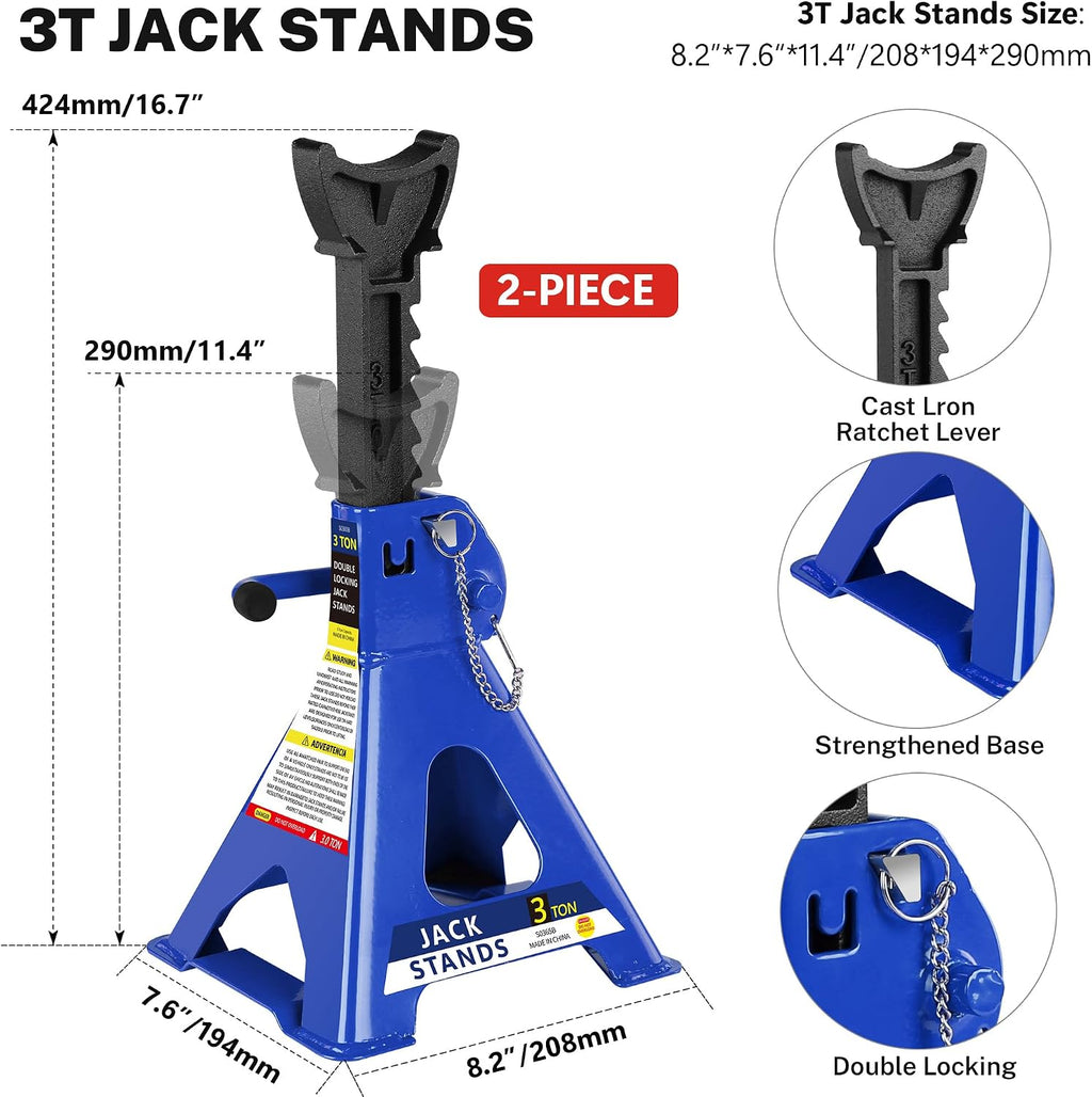 4 Piece Car Truck Floor Jack Service with Jack Stands Tire Repair Kit for Garages, Automotive,Repair Shops and DIY
