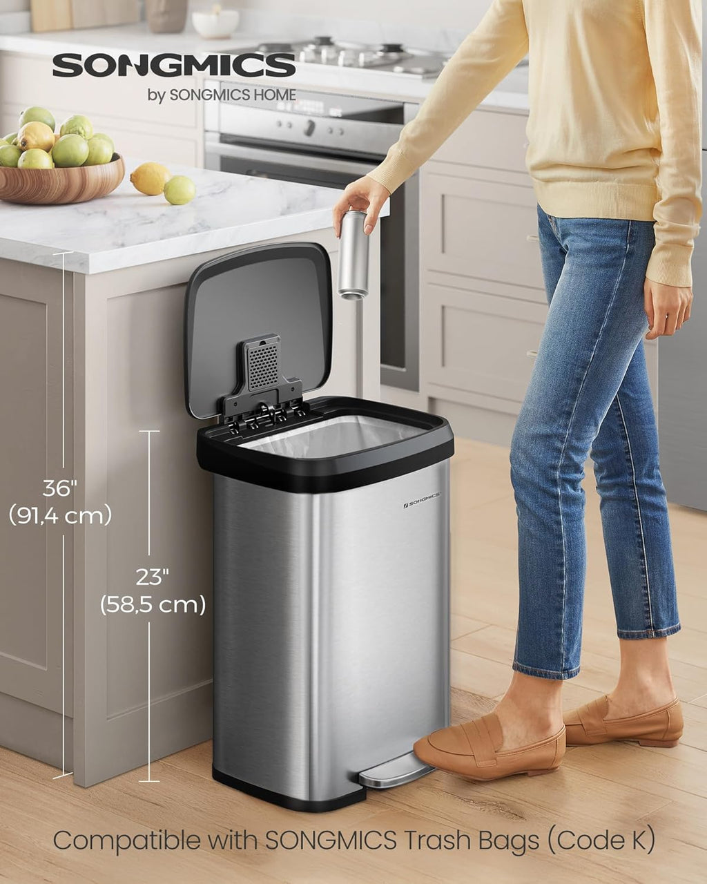 Kitchen Trash Can, 13 Gallon (50 L) Stainless Steel Garbage Can, with Stay-Open Lid and Step-on Pedal, Soft Closure