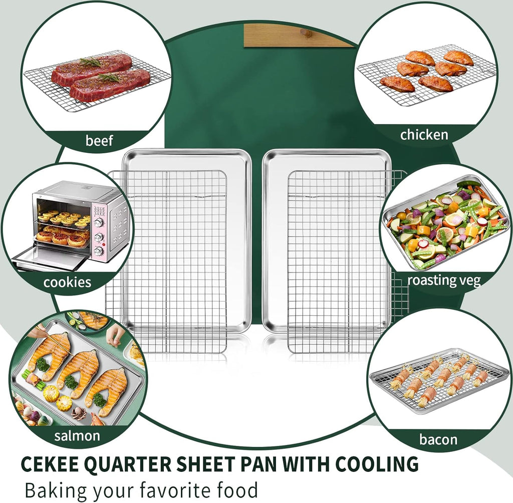 Quarter Sheet Pan with Cooling Rack Set [2 Baking Sheets + 2 Baking Racks], CEKEE Stainless Steel Cookie Sheets for