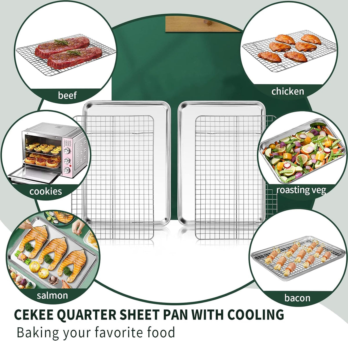 Quarter Sheet Pan with Cooling Rack Set [2 Baking Sheets + 2 Baking Racks], CEKEE Stainless Steel Cookie Sheets for
