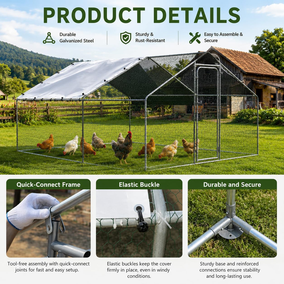 Metal Chicken Coop, 10x15x6.5FT Chicken Run for Yard with Cover