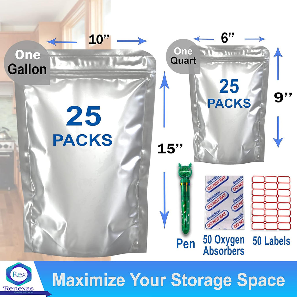 Food Storage Mylar Bags with Oxygen Absorbers, 50 PCS Kit (25 Gallon + 25 Quart), Heavy Duty Heat Sealable Resealable