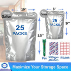 Food Storage Mylar Bags with Oxygen Absorbers, 50 PCS Kit (25 Gallon + 25 Quart), Heavy Duty Heat Sealable Resealable