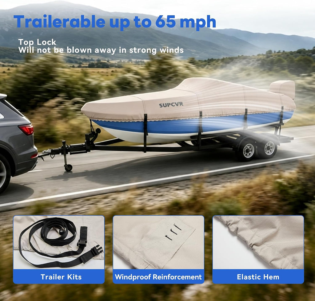 1400D Heavy Duty Waterproof Boat Cover,Tear-Resistant,Trailerable,Enhanced Windproof Buckles,with Storage Bag