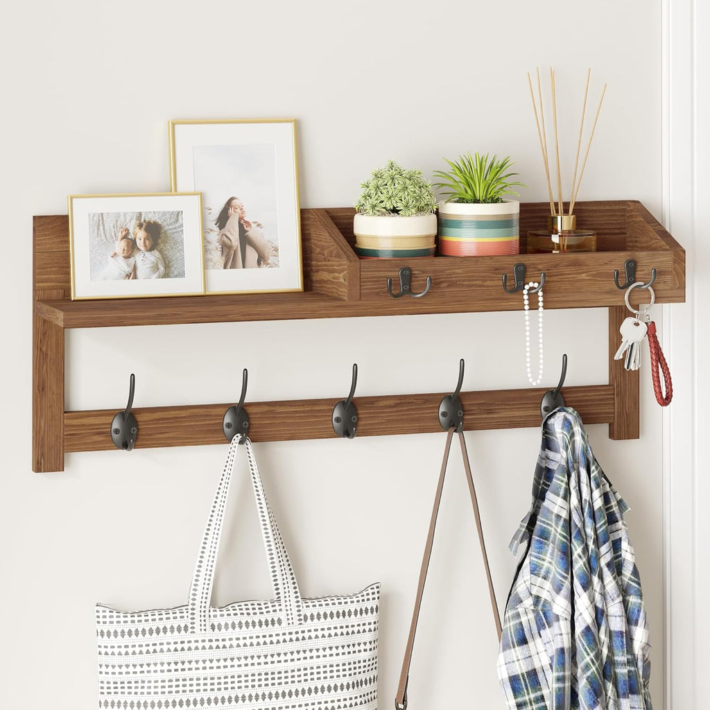 Wall Hooks with Shelf, 26.57 Inch Entryway Wood Coat Hooks for Wall with Shelf, Coat Rack Wall Mount with 5 Dual
