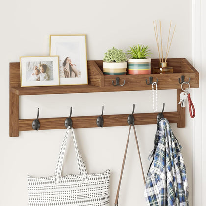 Wall Hooks with Shelf, 26.57 Inch Entryway Wood Coat Hooks for Wall with Shelf, Coat Rack Wall Mount with 5 Dual