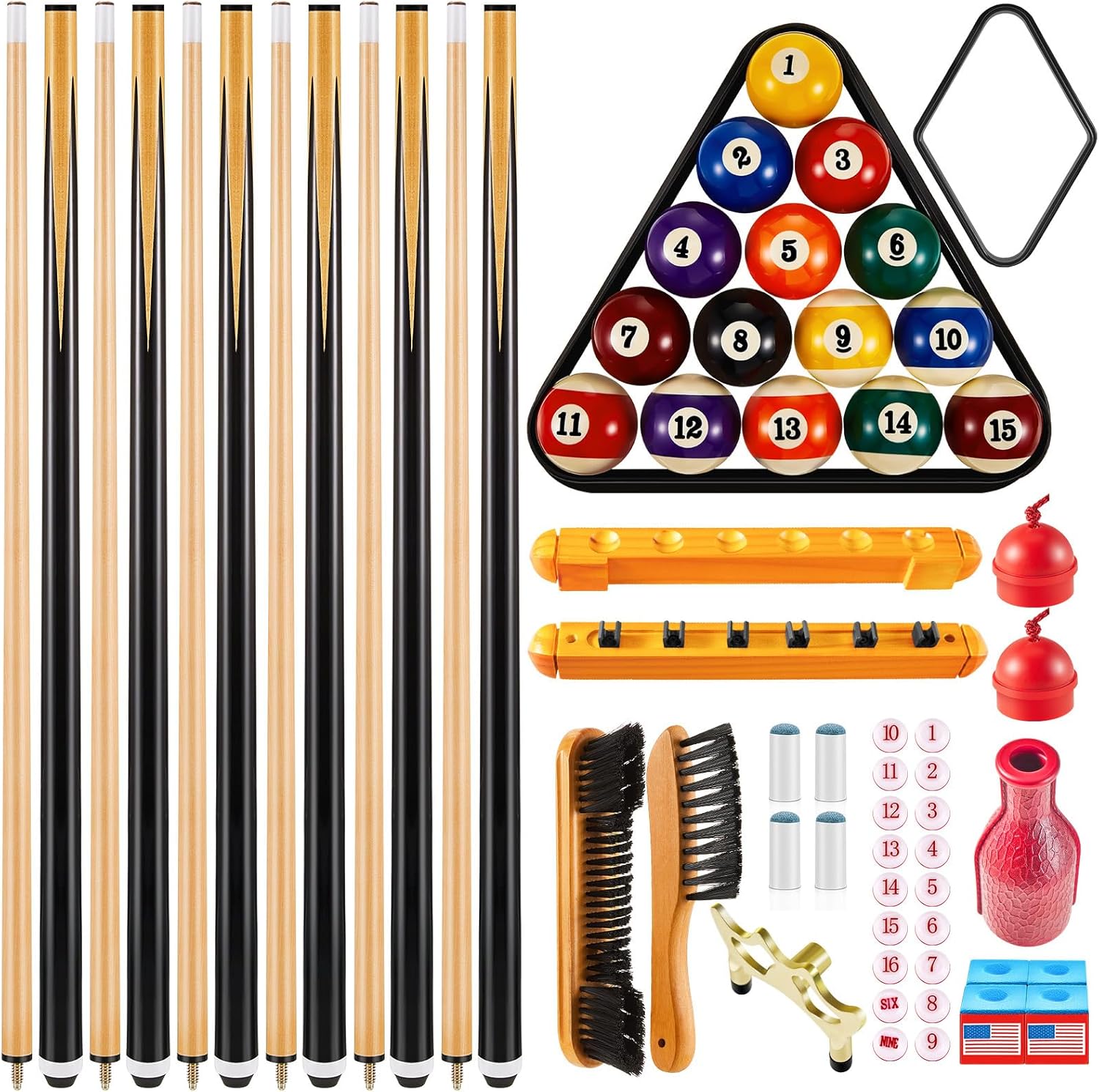 39 Pcs Premium Pool Table Accessories Set Billiard Set | 6 Cue Sticks, 16 Billiard Balls, Triangle, Diamond Racks
