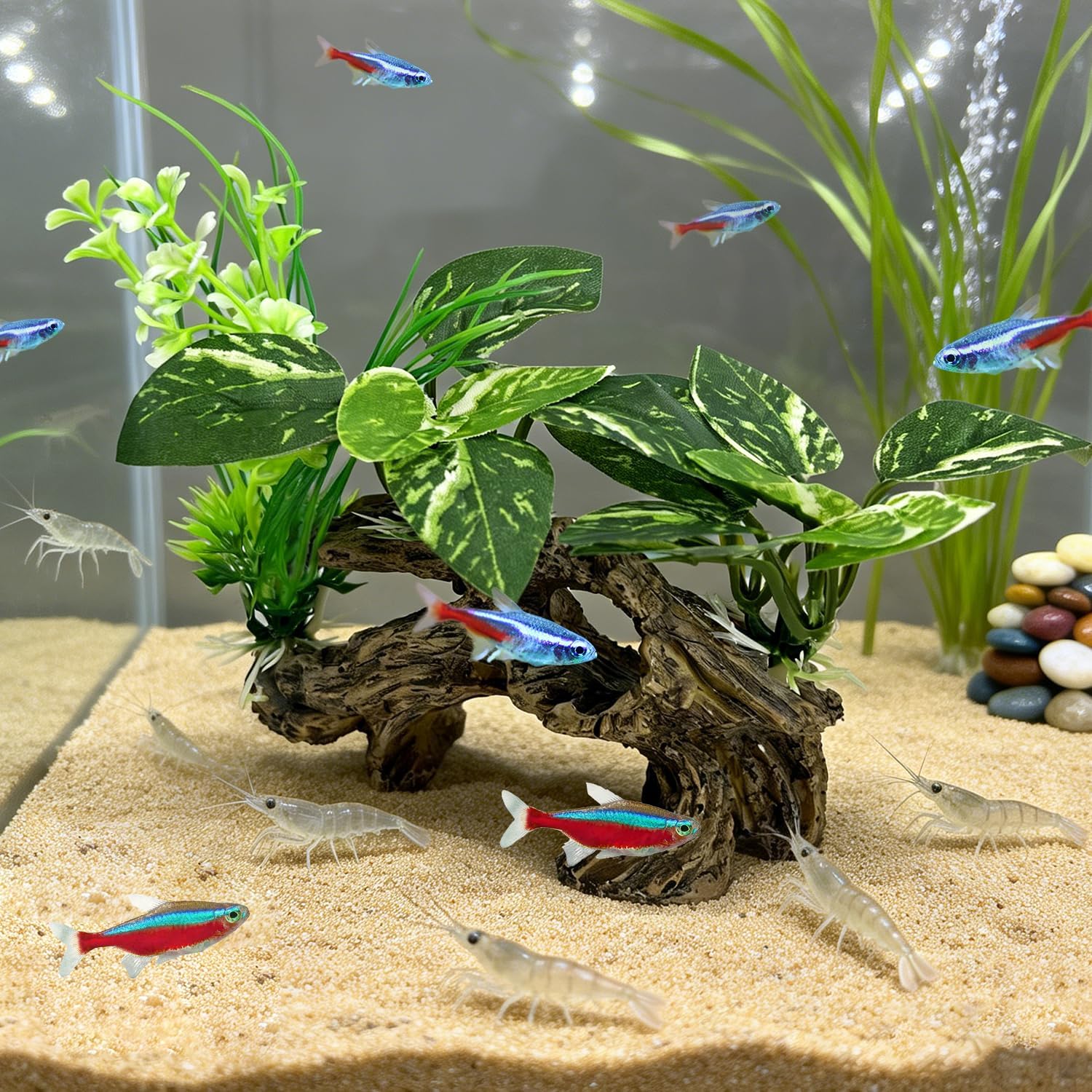 Fish Tank Decor, Artificial Driftwood Cave with Silk Aquarium Plants | Realistic Hideout Ornament for Betta, Small