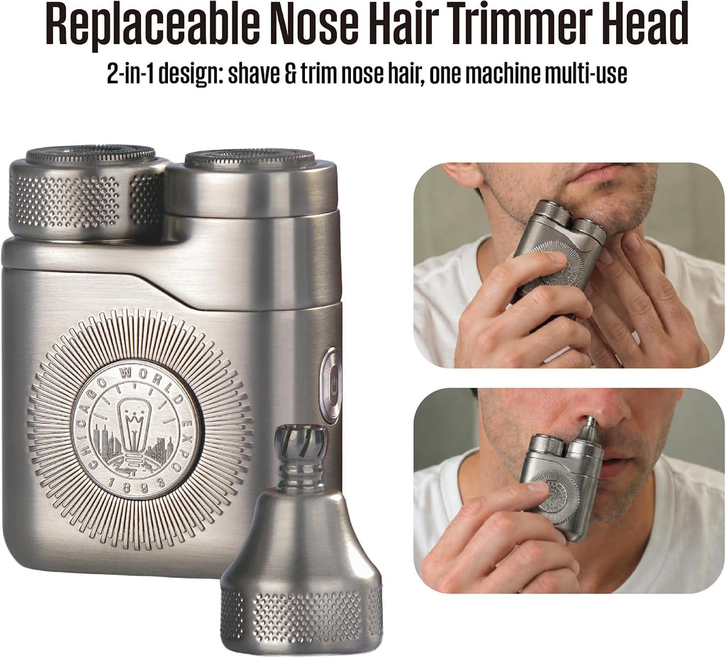 Men's Portable Rotary Electric Shaver, Silver | Magnetic Floating Heads with Nose Hair Trimmer, IPX7 Waterproof USB-C