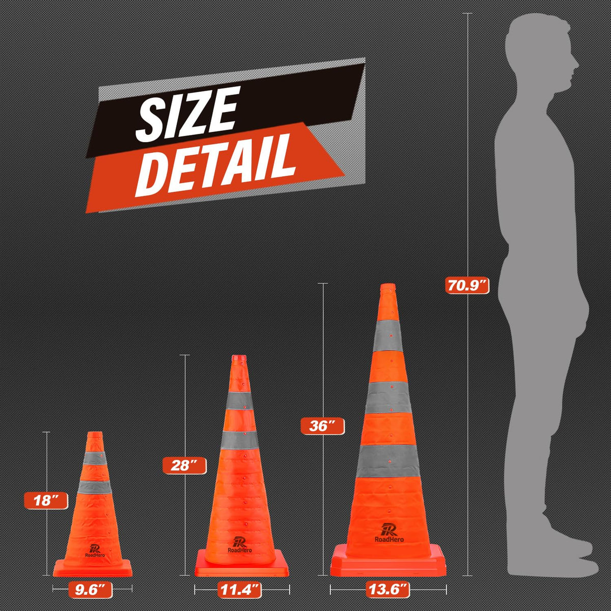 28 Inch 1 Pack Collapsible Traffic Safety Cones, Orange | Foldable Design for Storage, Reflective Collar Visible at