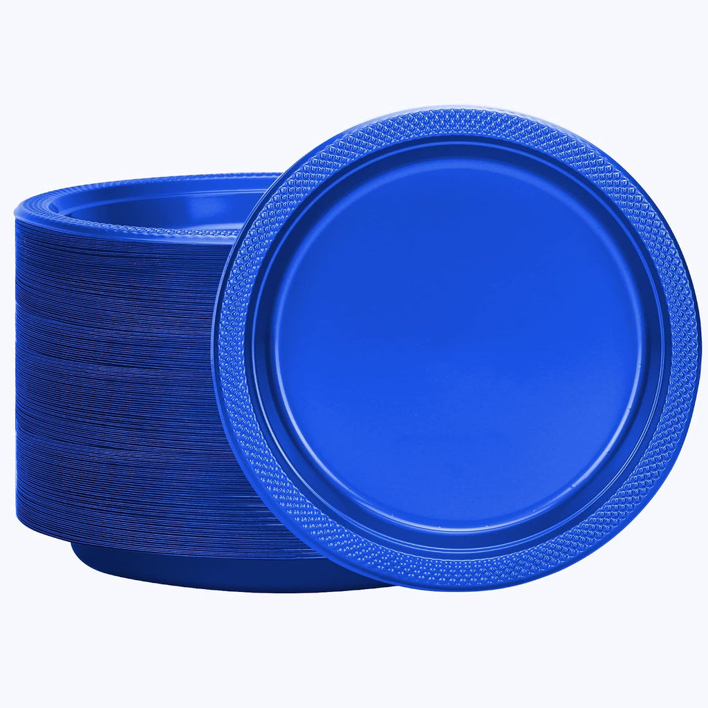 Blue Plastic Plates 9 Inch - 50 count - Plastic Solid Round Party Plates For Weddings, BBQs, Birthday Plates
