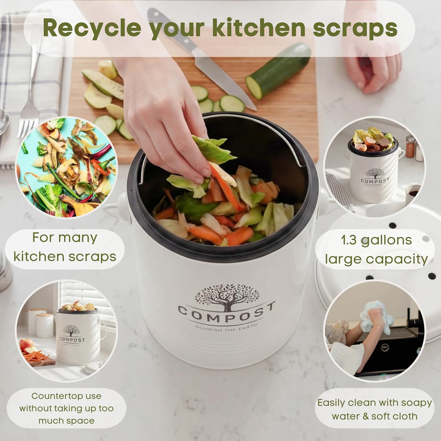 Kitchen Compost Bin, 1.3 Gallon Countertop Compost Bin with Lid, Indoor Compost Bucket Includes Inner Bucket Liner