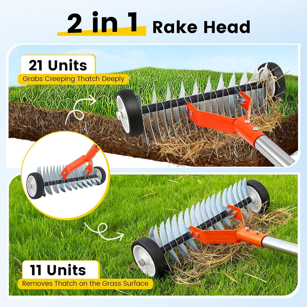 Thatch Rake with Wheels, 37-65.35'' Adjustable Dethatching Roller Rake Adjustable 0-12° Angle Stainless Steel Blades
