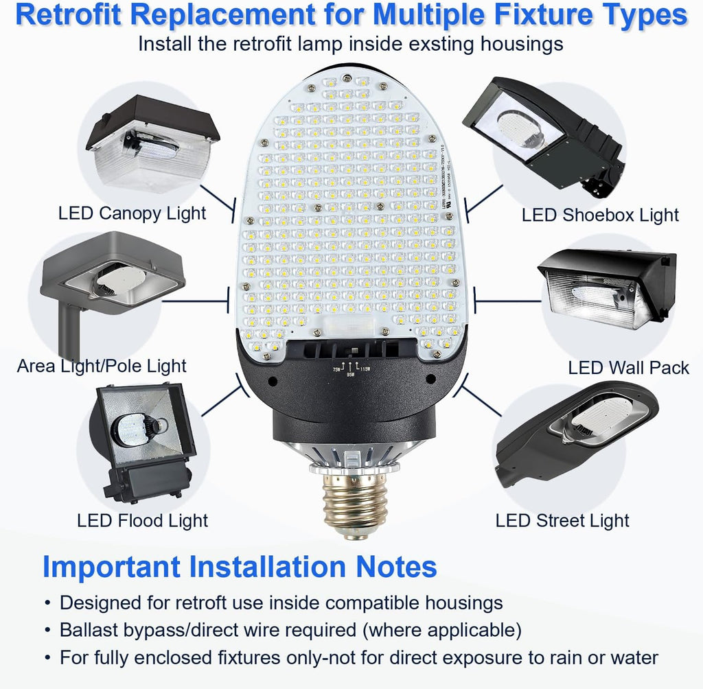LED Shoebox Retrofit Lamp, 75/95/115W Selectable, 5000K Rotatable E39 Base