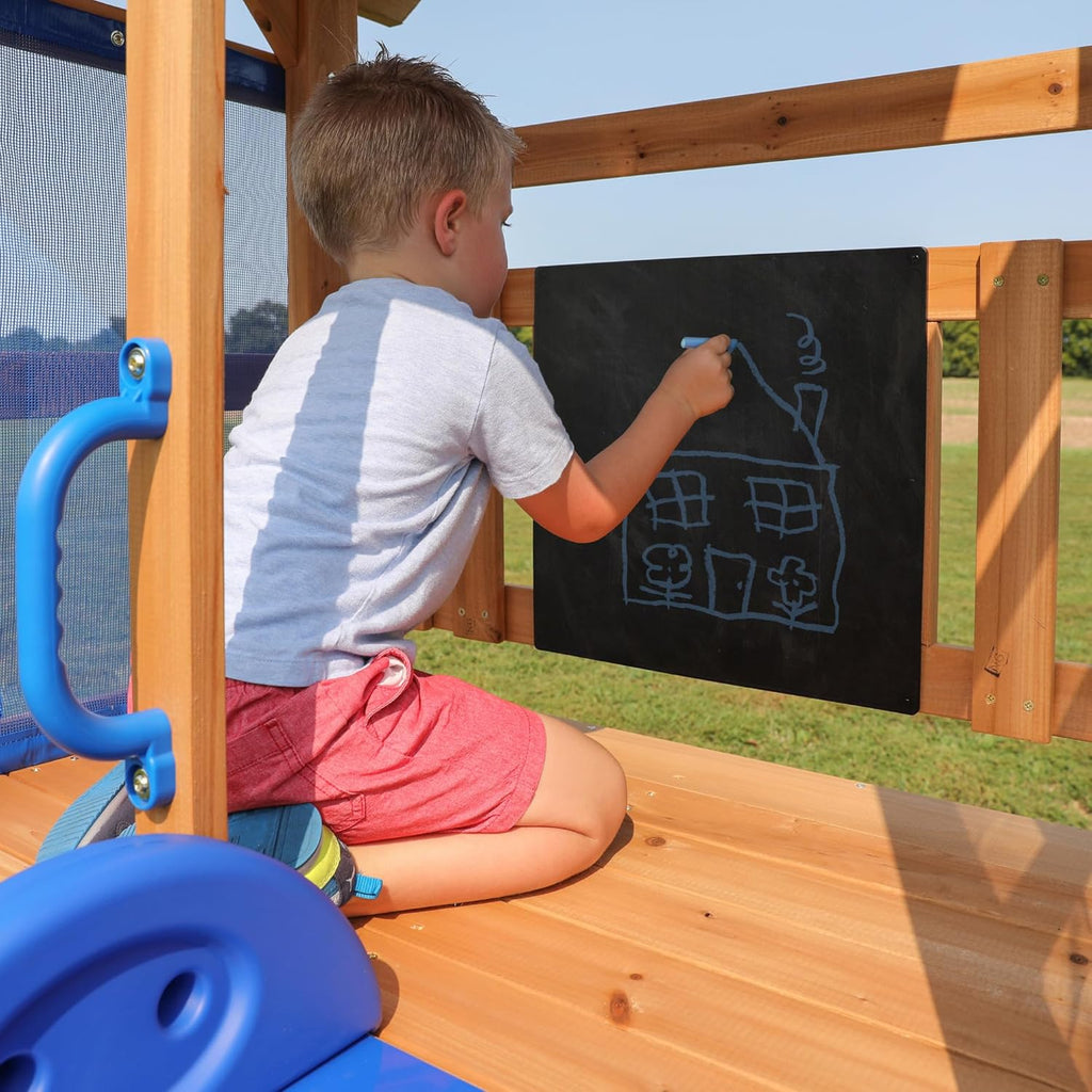 Bay Pointe Cedar Wood Swing Set with Wave Slide, Play Deck, Rock Wall Ladder, Belt Swings, Chalkboard, Canopy Roof