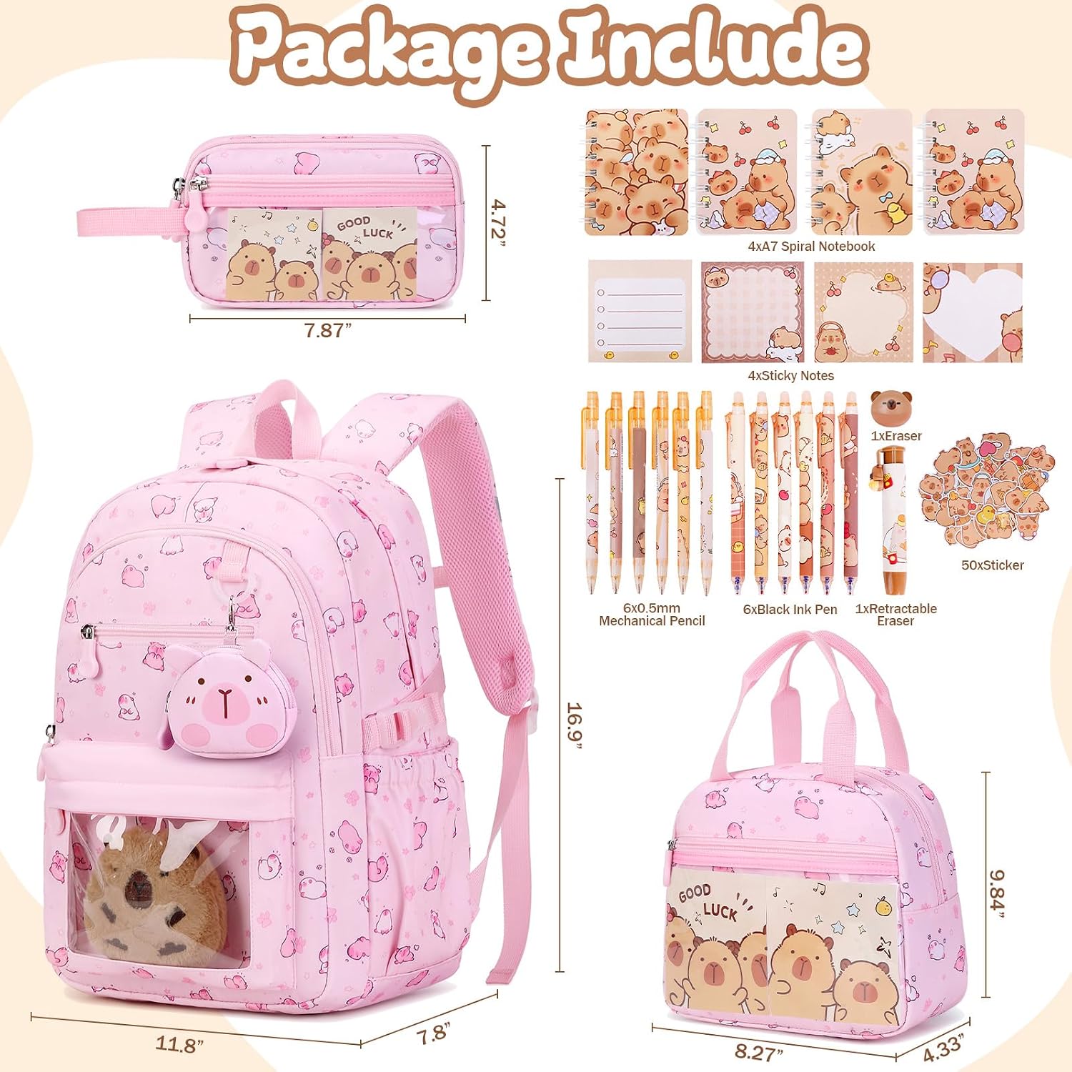 Capybara Theme Backpack for School Girls, 35PCS Kids Backpack Set with School Supplies Stationery Kit Lunch Box
