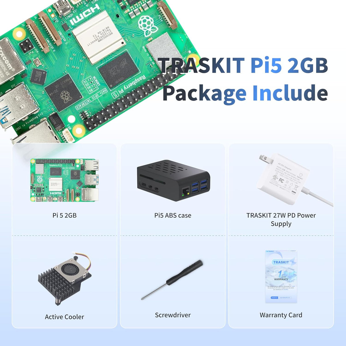 TRASKIT Basic kit for Raspberry Pi 5 2GB RAM,27W PD Power Supply,PI5 Case, Active Cooler and Pi 5 2GB Single Board Included