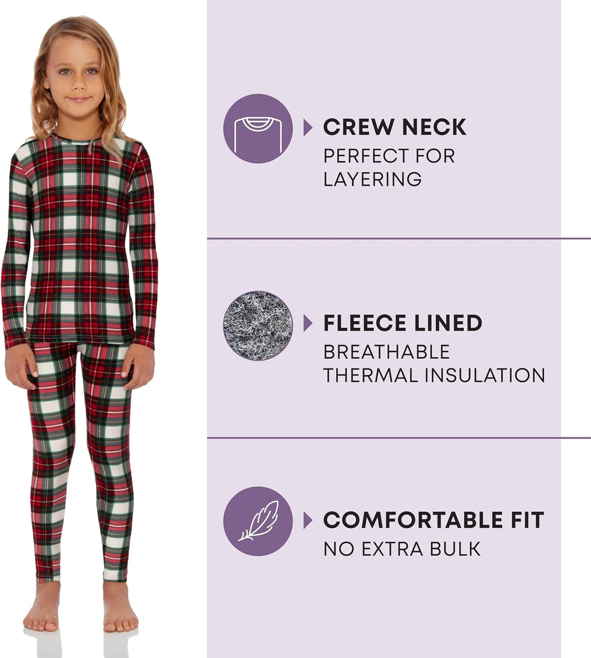 Thermal Underwear for Kids, Girls Thermals Long Johns Underwear, Base Layer for Cold weather/skiing, White Plaid