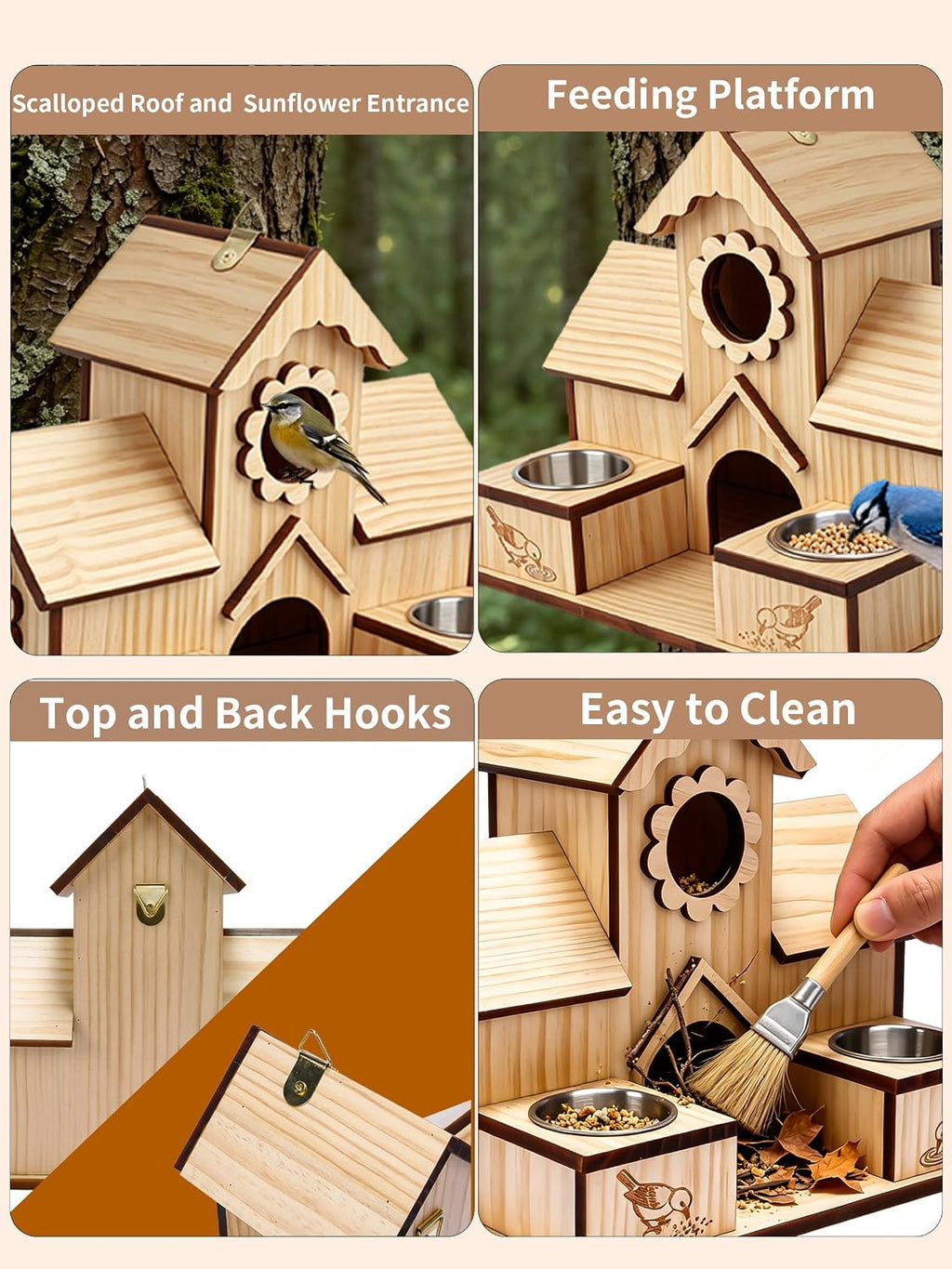 4-Hole Birdhouse for Outside with Feeding Tray, Cedar Wood