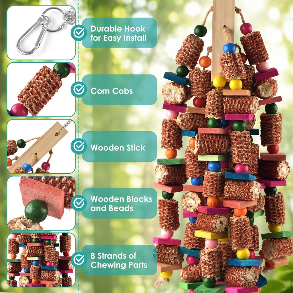 Bird Toys for Parrots, 22in Large Parrot Chew Toys Natural Wood and Corn Cob Hanging Chewable Shredding Toy for Bird