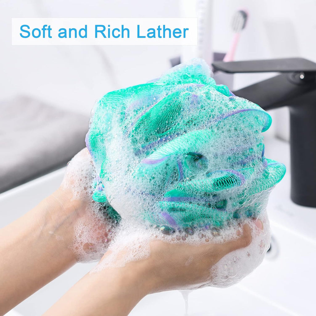 Loofah Sponge 75g/Piece, Exfoliating Bath Sponge Body Scrubber - Loofa Set of 4 Flower Color (Large, Green-Purple)