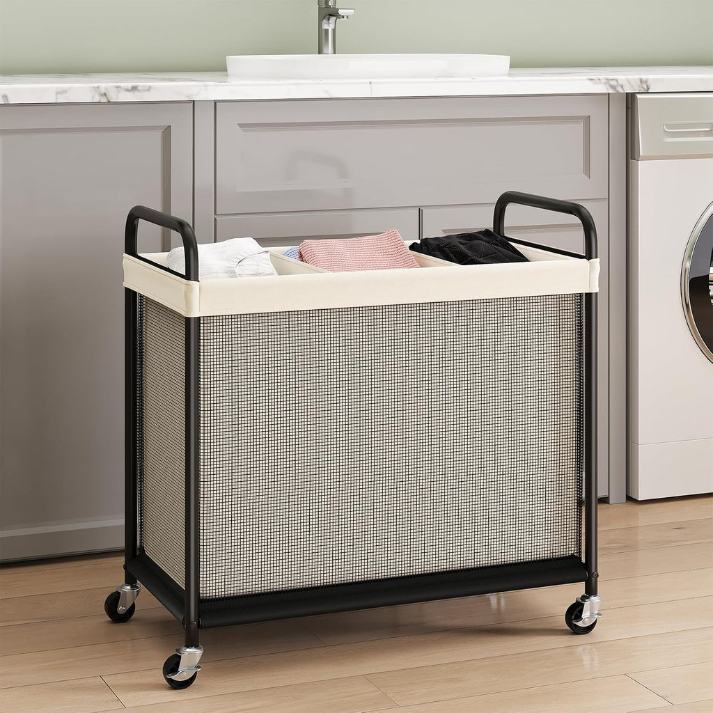 Laundry Hamper 3 Section, 120L Rolling Laundry Sorter with Wheels | Removable Washable Liner Bags, Sturdy Steel Frame