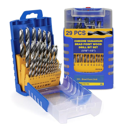 Brad Point Spiral Drill Bit Set Chrome Vanadium Sizes 1/16″–1/2″, 29 Pcs | Brad Point Drill Bit Set – Chrome Vanadium
