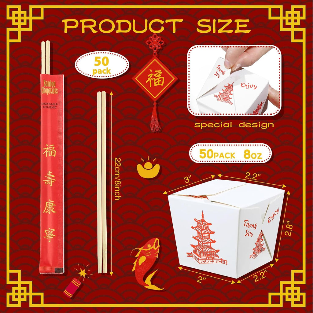50 Sets 8 oz Chinese Take Out Boxes with Disposable Chopsticks
